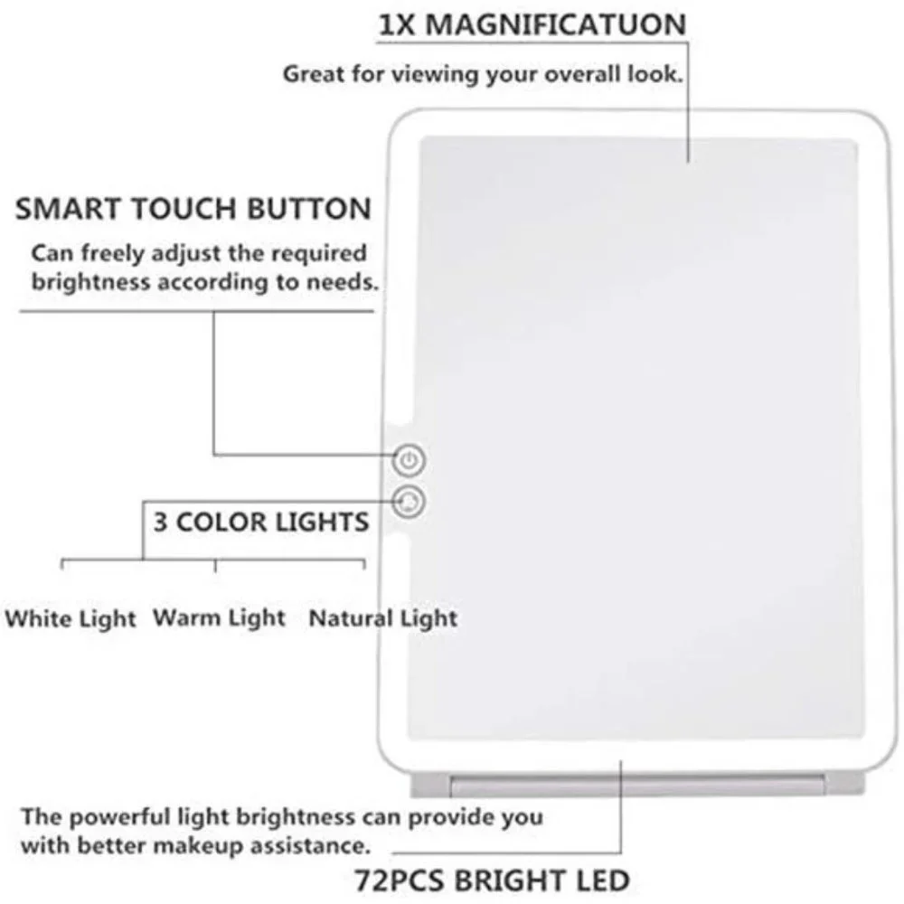Folding Lighted Makeup Mirror with 72 LEDs 3 Colors Light Modes USB Rechargable